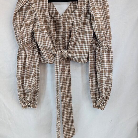 Simplee Women Brown Plaid Crop Top Gathered Sleeve Tie in Back Size M - Picture 5 of 11